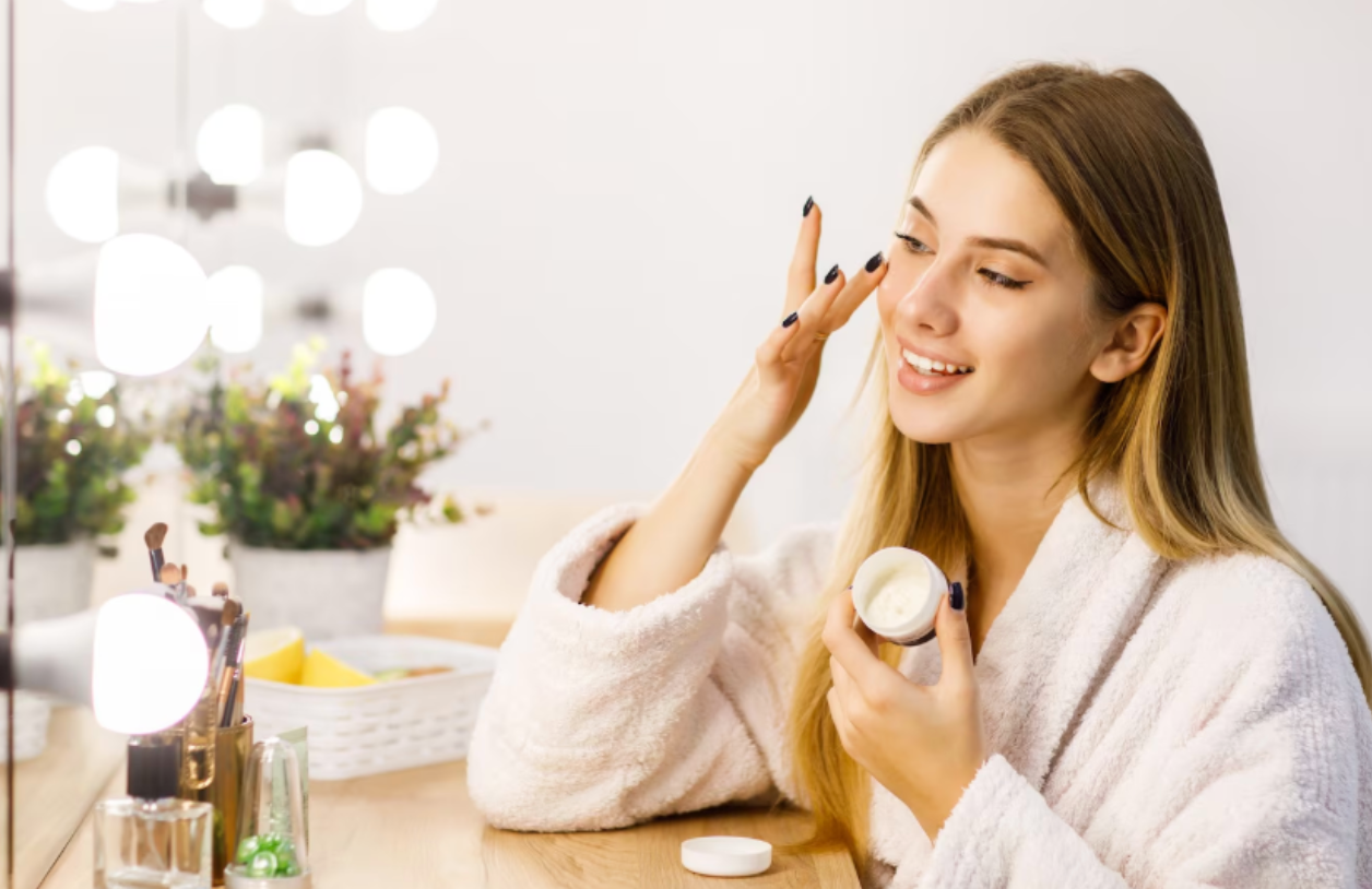 A 31-year-old woman in a bathrobe applies night cream in front of a vanity mirror as part of her skincare routine.