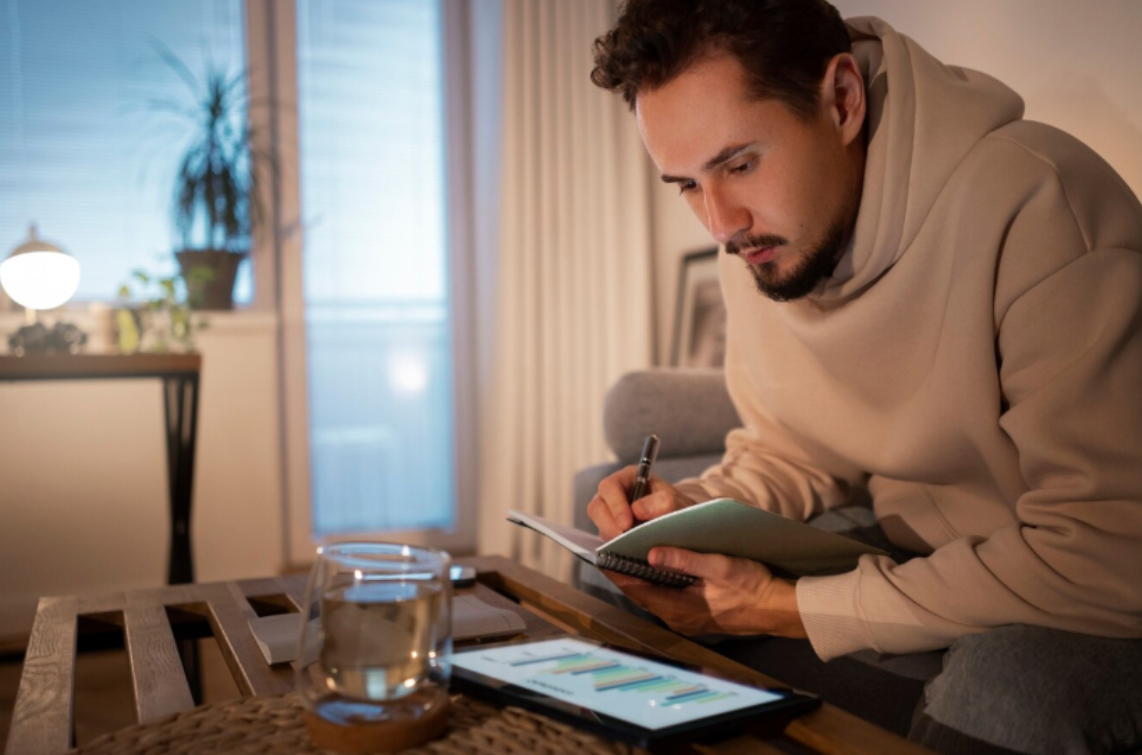 Man in a hoodie journaling in a cozy living room with a tablet and tea, practicing evening focus and digital detox habits to improve attention span.