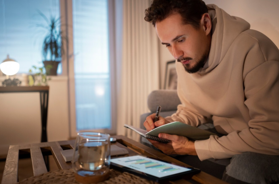 Man in a hoodie journaling in a cozy living room with a tablet and tea, practicing evening focus and digital detox habits to improve attention span.