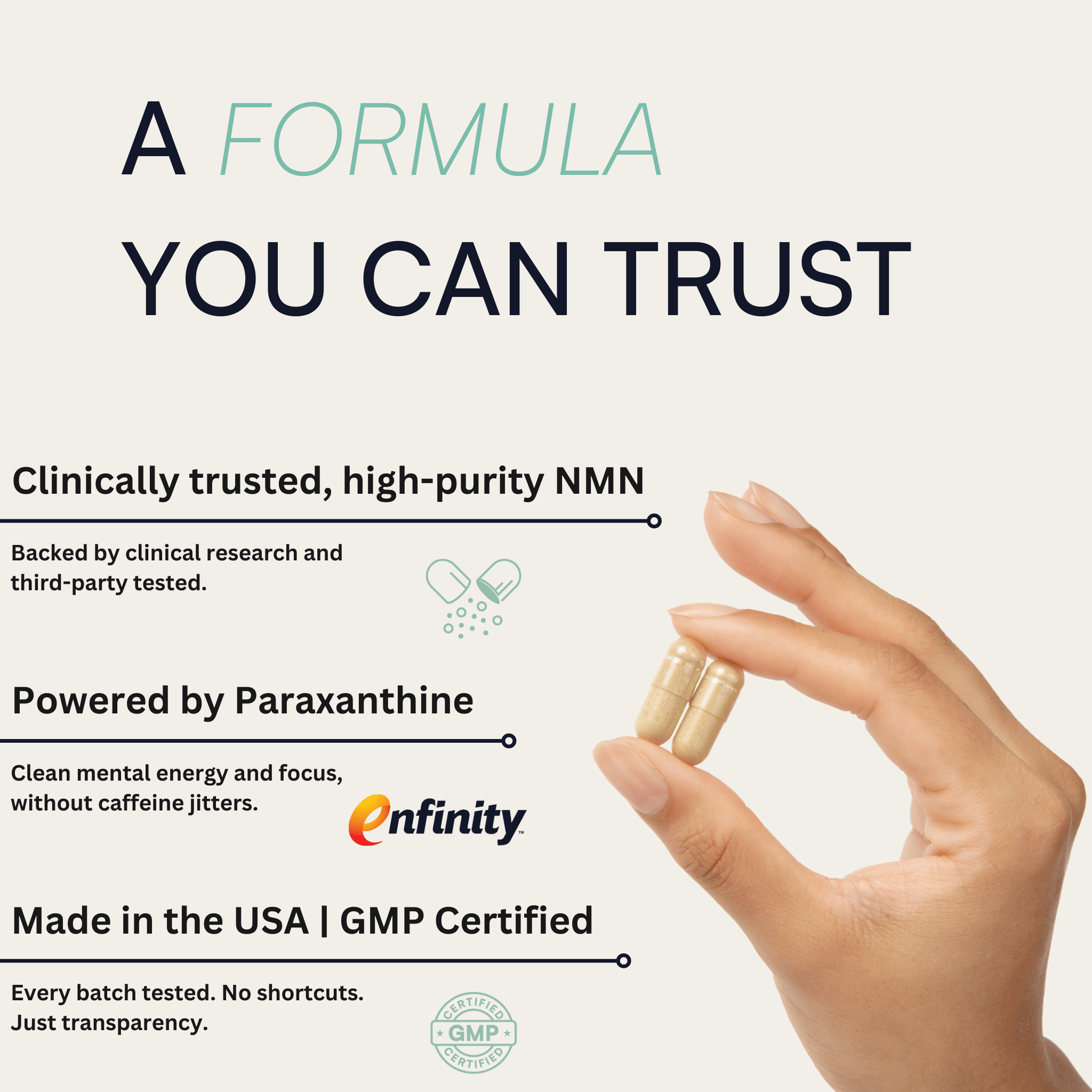 Hand holding two capsules with product information text on a light background
