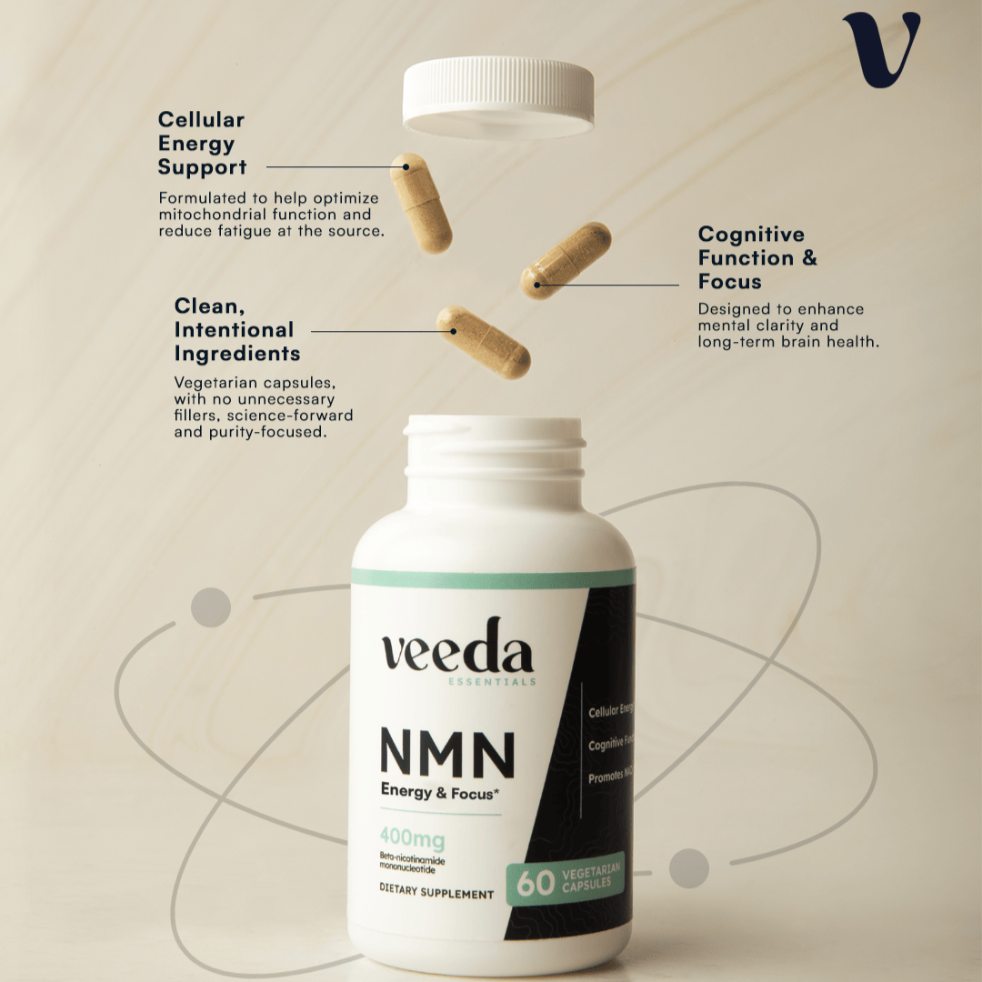 Veeda NMN supplement bottle with capsules on a beige background