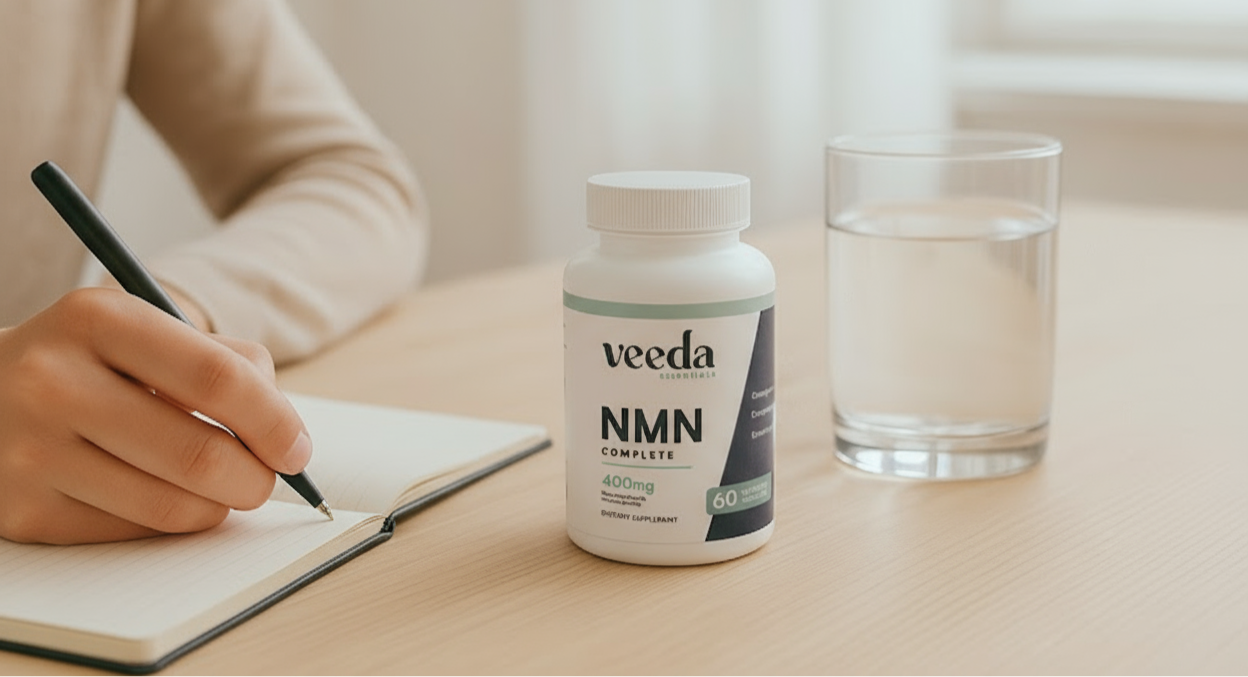 Person writing in a notebook with a bottle of Veda NMN supplements and a glass of water on a table.