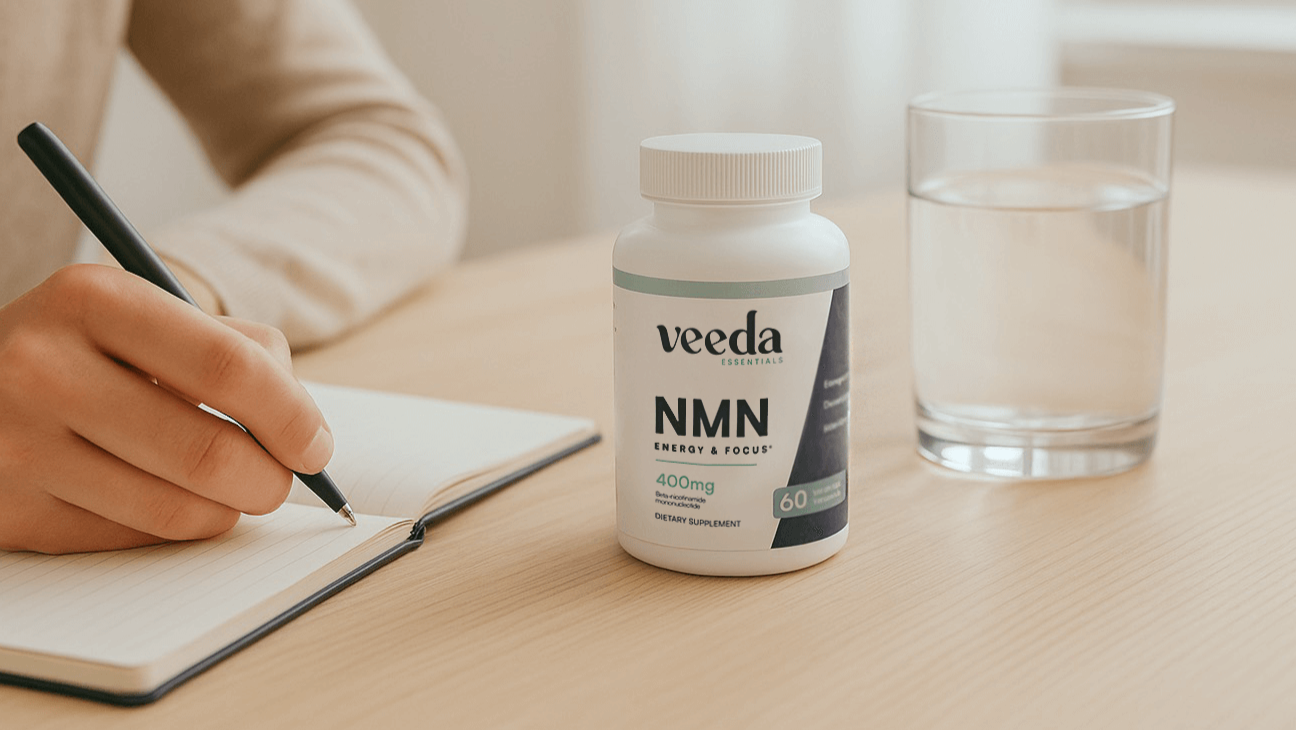 Veeda NMN supplement bottle on a table with a glass of water and a person writing in a notebook.
