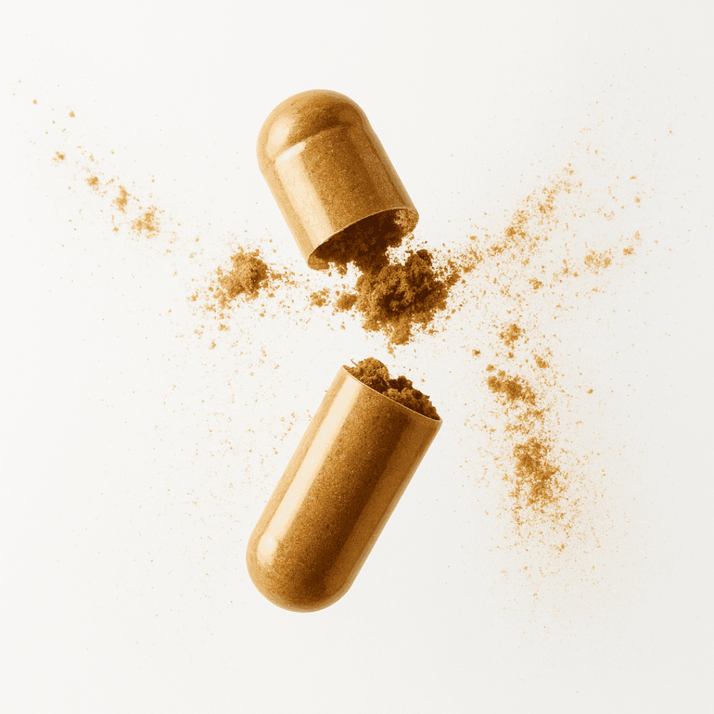 Veeda Essentials NMN Complete supplement capsule opened, clearly showing Beta-Nicotinamide Mononucleotide (NMN) powder for optimal cellular energy, improved cognitive clarity, and NAD+ enhancement.