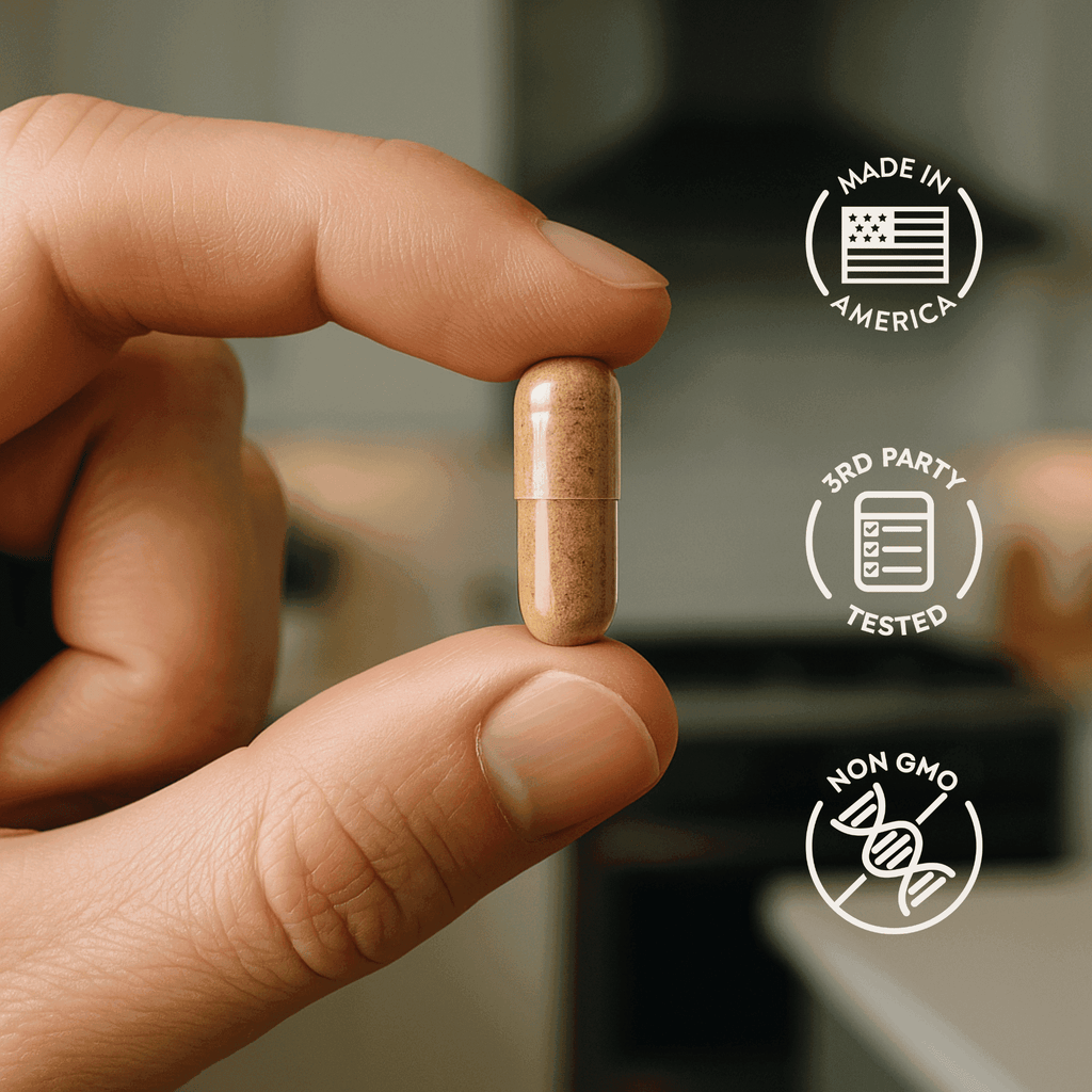 Single Veeda Essentials NMN Complete capsule held between fingers, highlighting high-quality, made-in-America, third-party tested, non-GMO formulation for superior cellular support and cognitive clarity.