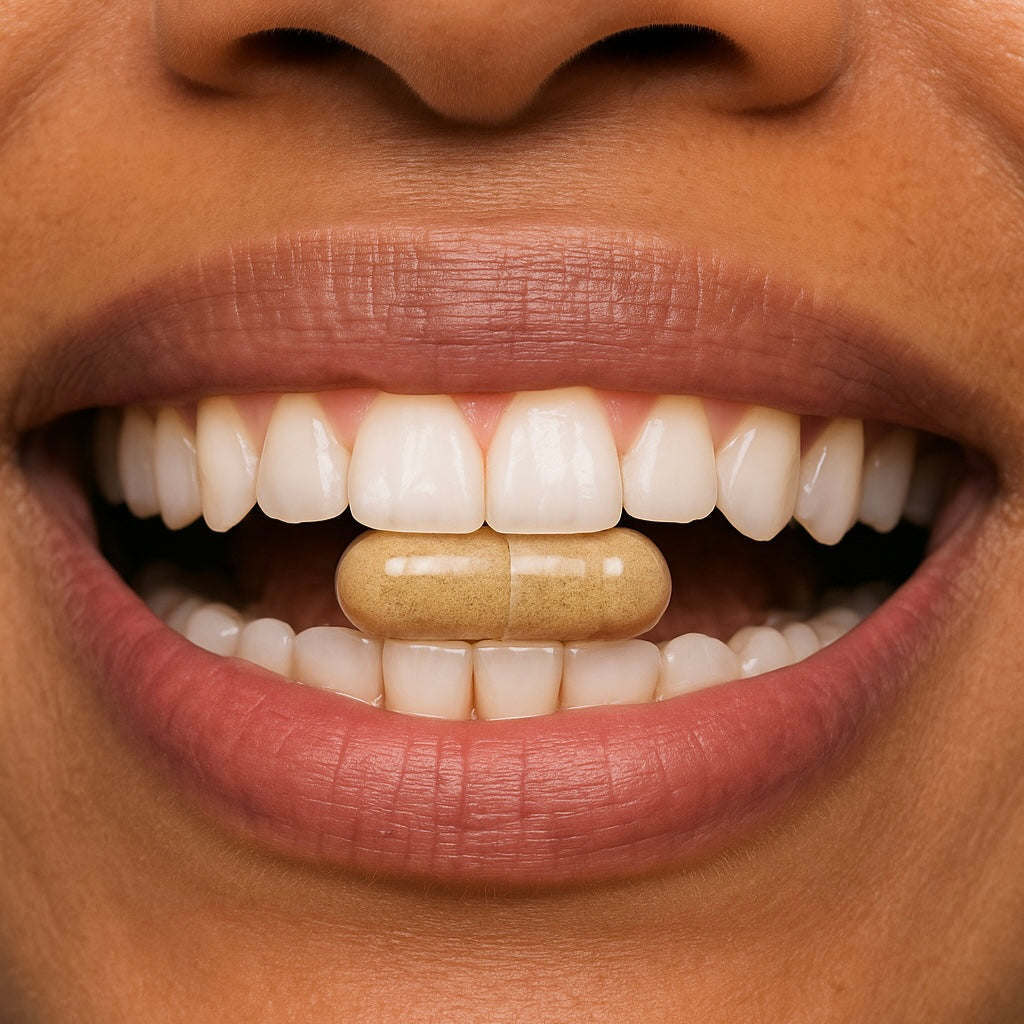 Close-up image of smiling mouth holding Veeda Essentials NMN Complete capsule between teeth, showcasing premium supplement designed for daily cellular energy, enhanced cognitive clarity, NAD+ support, and healthy aging.