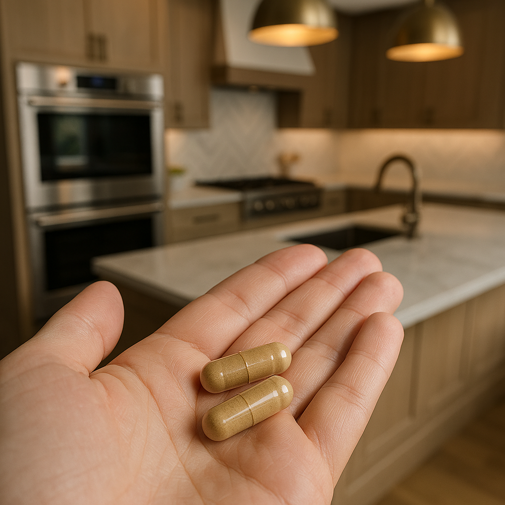Two Veeda Essentials NMN Complete capsules resting in a person's palm, featured in a modern home setting, emphasizing daily supplementation for enhanced cellular energy, cognitive function, longevity, and overall wellness support.