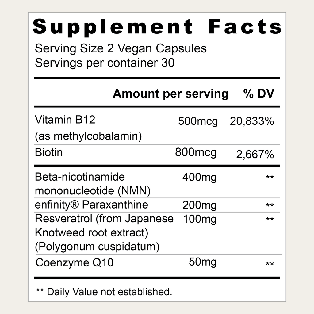 Veeda Essentials NMN Complete Supplement Facts panel featuring detailed ingredients such as NMN, enfinity® Paraxanthine, Resveratrol, Coenzyme Q10, Vitamin B12, and Biotin for enhanced energy, clarity, and longevity.