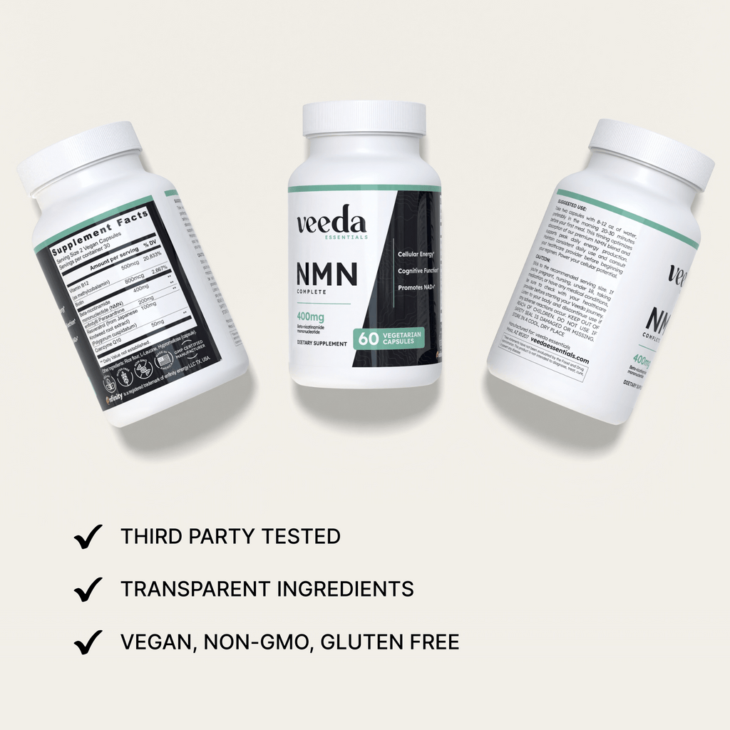 Three distinct angles of Veeda Essentials NMN Complete supplement bottles emphasizing transparent ingredients, third-party tested quality, vegan-friendly, non-GMO, gluten-free capsules promoting optimal health and clarity.